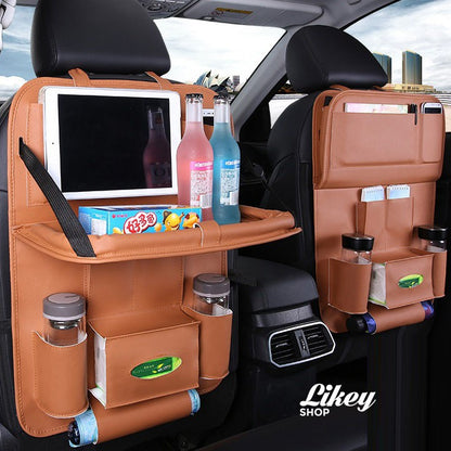 "Luxury Leather Back Seat Organizer with Built-in Food Tray!"