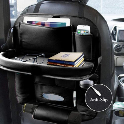 "Luxury Leather Back Seat Organizer with Built-in Food Tray!"